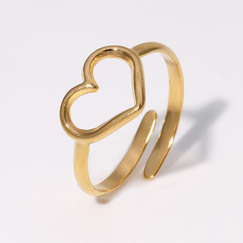 Sweet Minimalist Heart-Shaped Stainless Steel Open Ring with 18K Gold Plating for Women