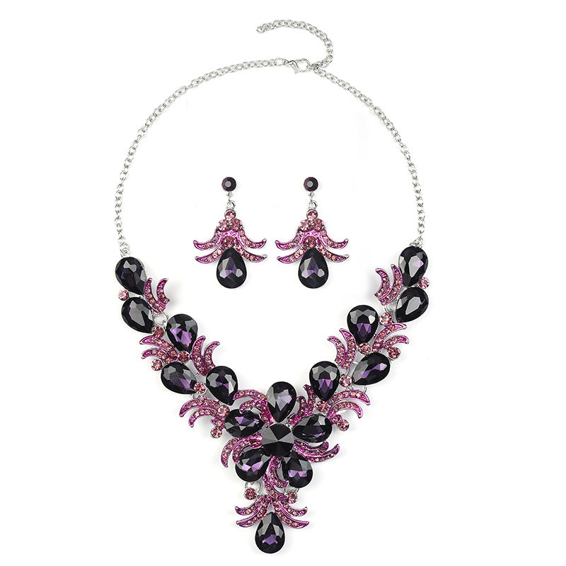 Personalized Exaggerated Purple Alloy Waterdrop Necklace and Earring Set with Rhinestone Inlay for Women Wedding