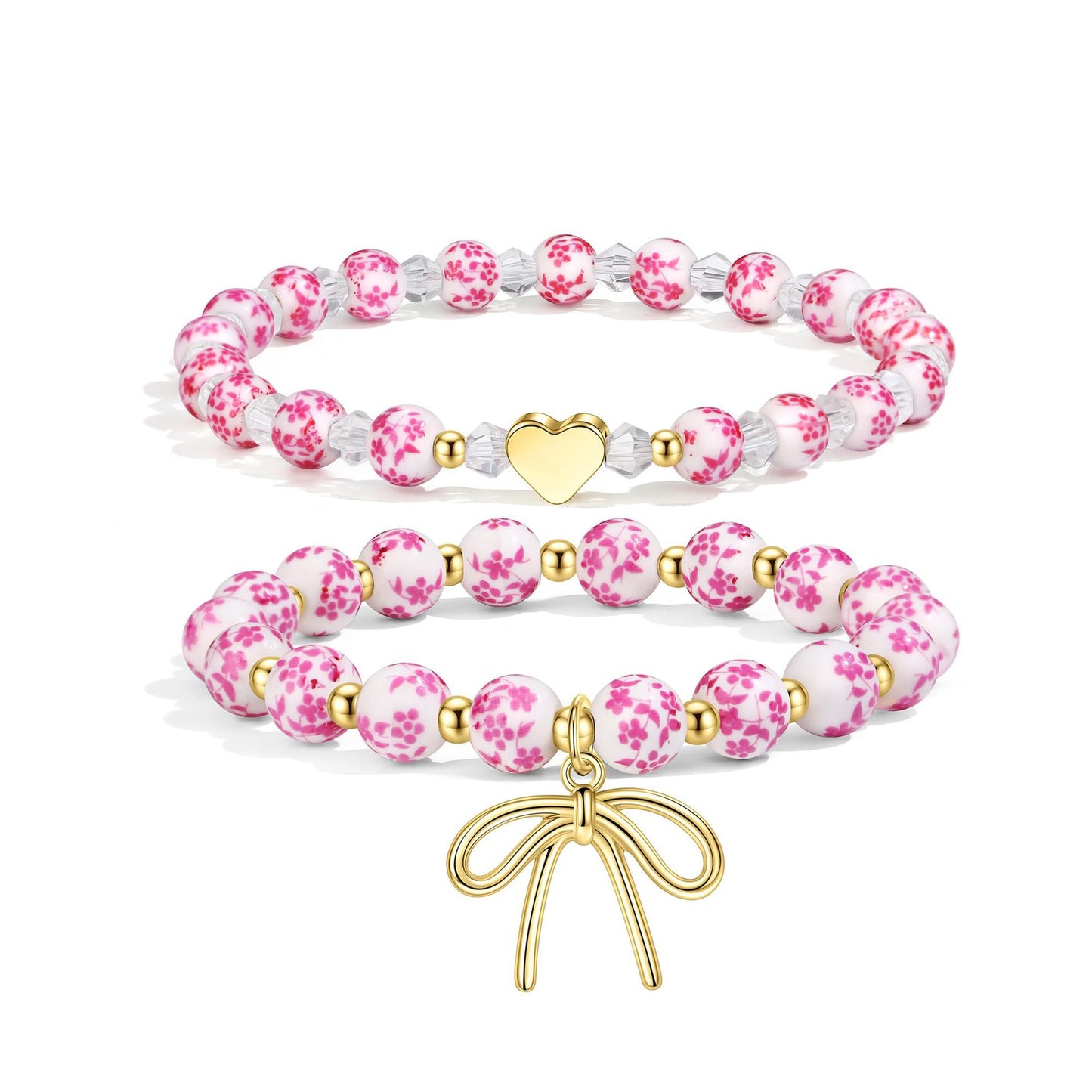 Minimalist Floral Ceramic Bow Rhinestone Beaded Elastic Bracelet for Women