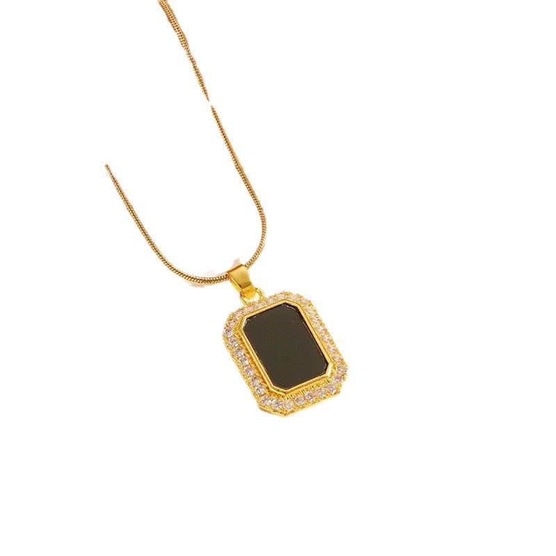 Minimalist Square Pendant Necklace for Women and Men in Titanium Steel with Rhinestone Inlay and Gold Plating on O-Chain