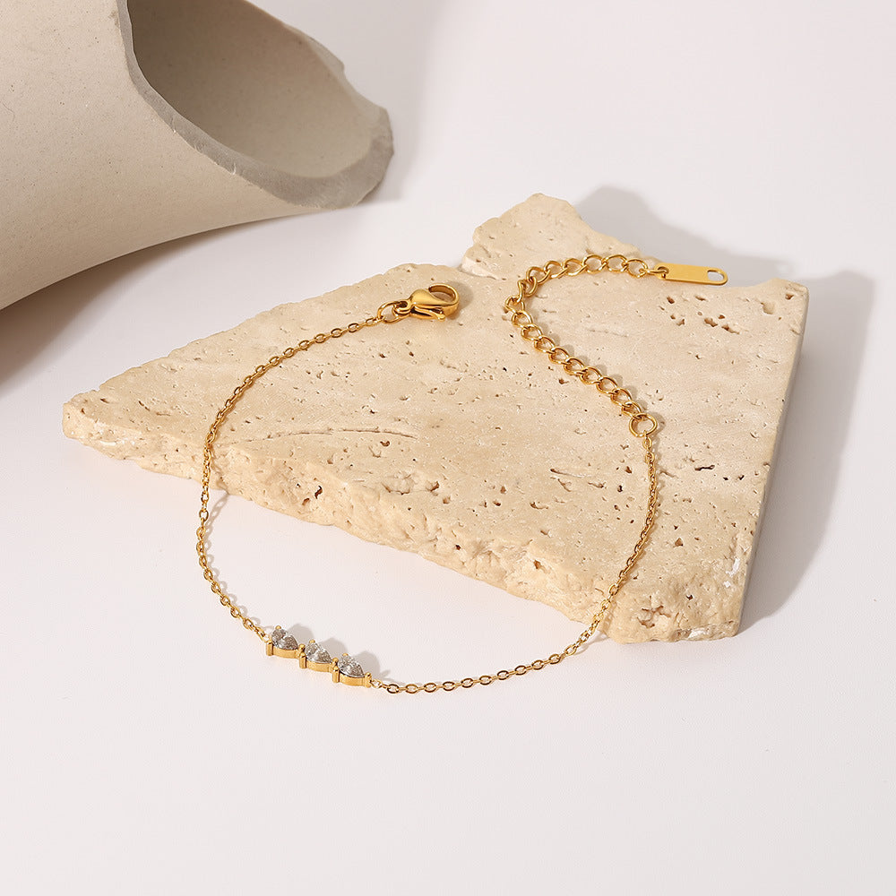 INS Style Geometric Stainless Steel Fine Chain Bracelet with 18K Gold Plated Drop Pendant and Cubic Zirconia Inlay for Women
