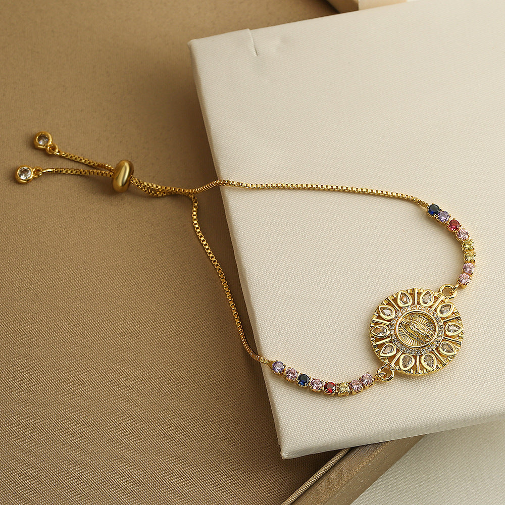 Bracciale geometrico vintage in rame da donna con zirconi micro-incastonati e ciondolo della Vergine Maria
