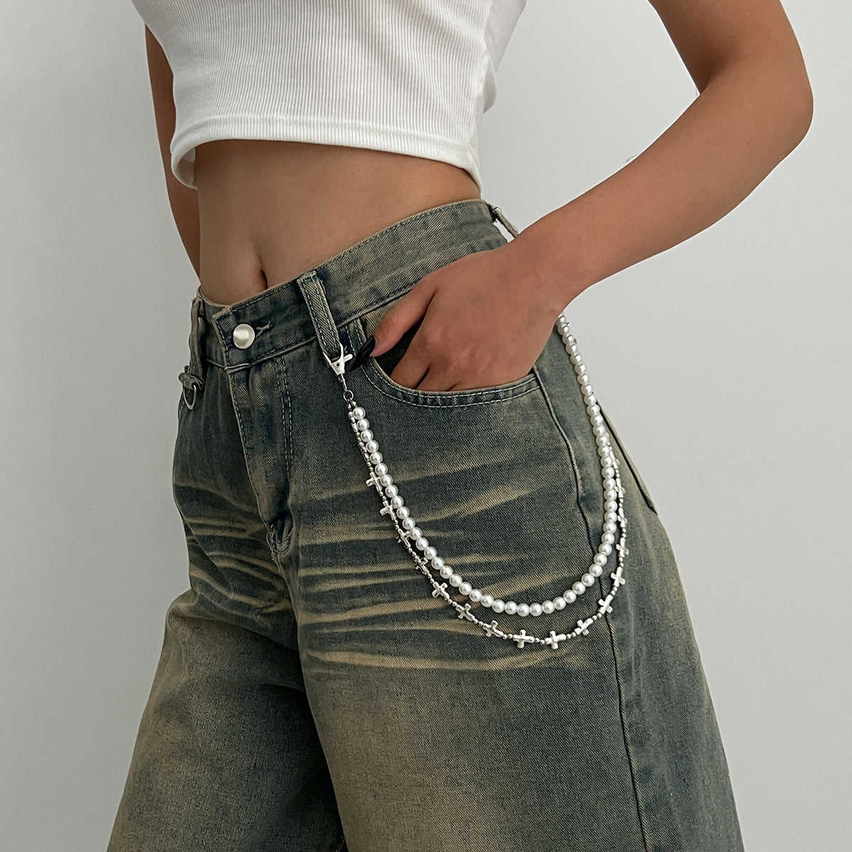 Sweet and Cool Style Cross Pendant Waist Chain for Women with Polished Metal Beads Multi-Layer Belt Jewelry