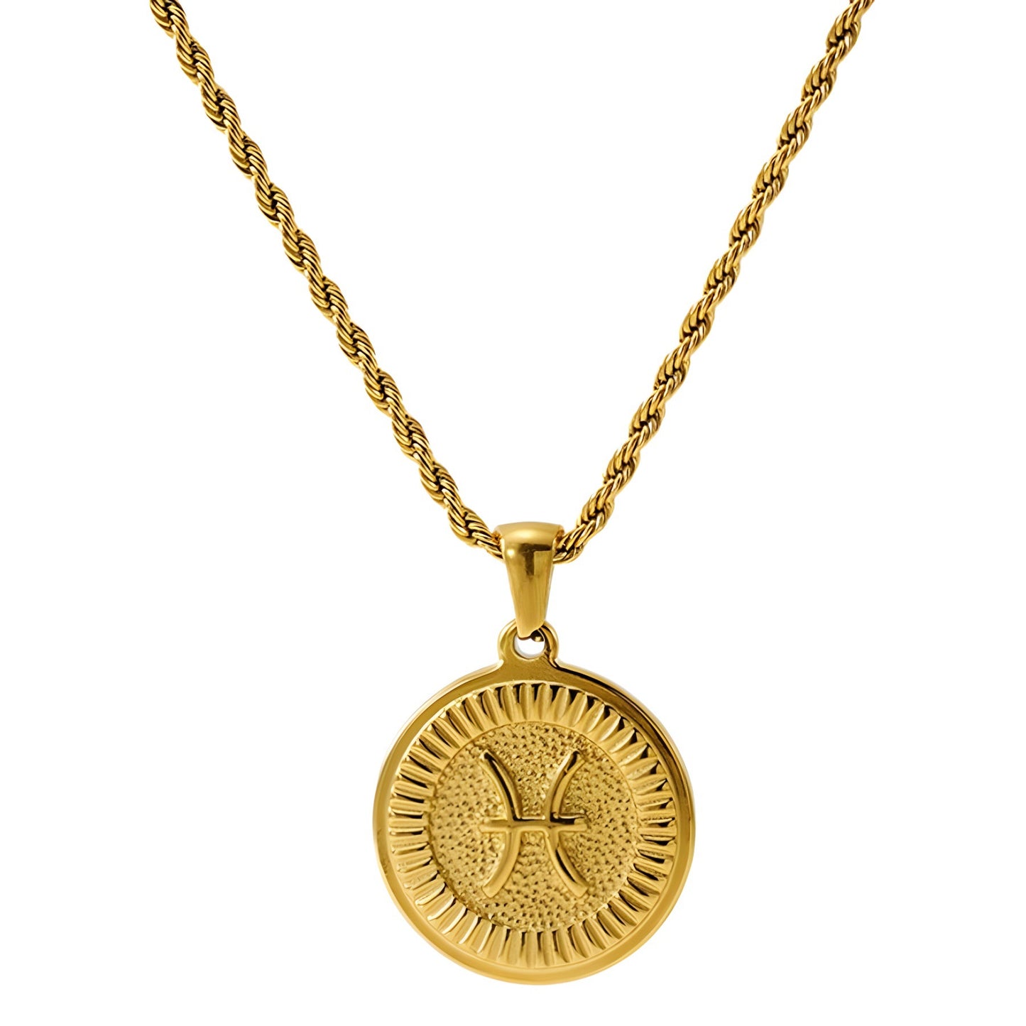 Vintage 18K Gold Plated Round Zodiac Pendant Titanium Steel Rope Chain Necklace Unisex