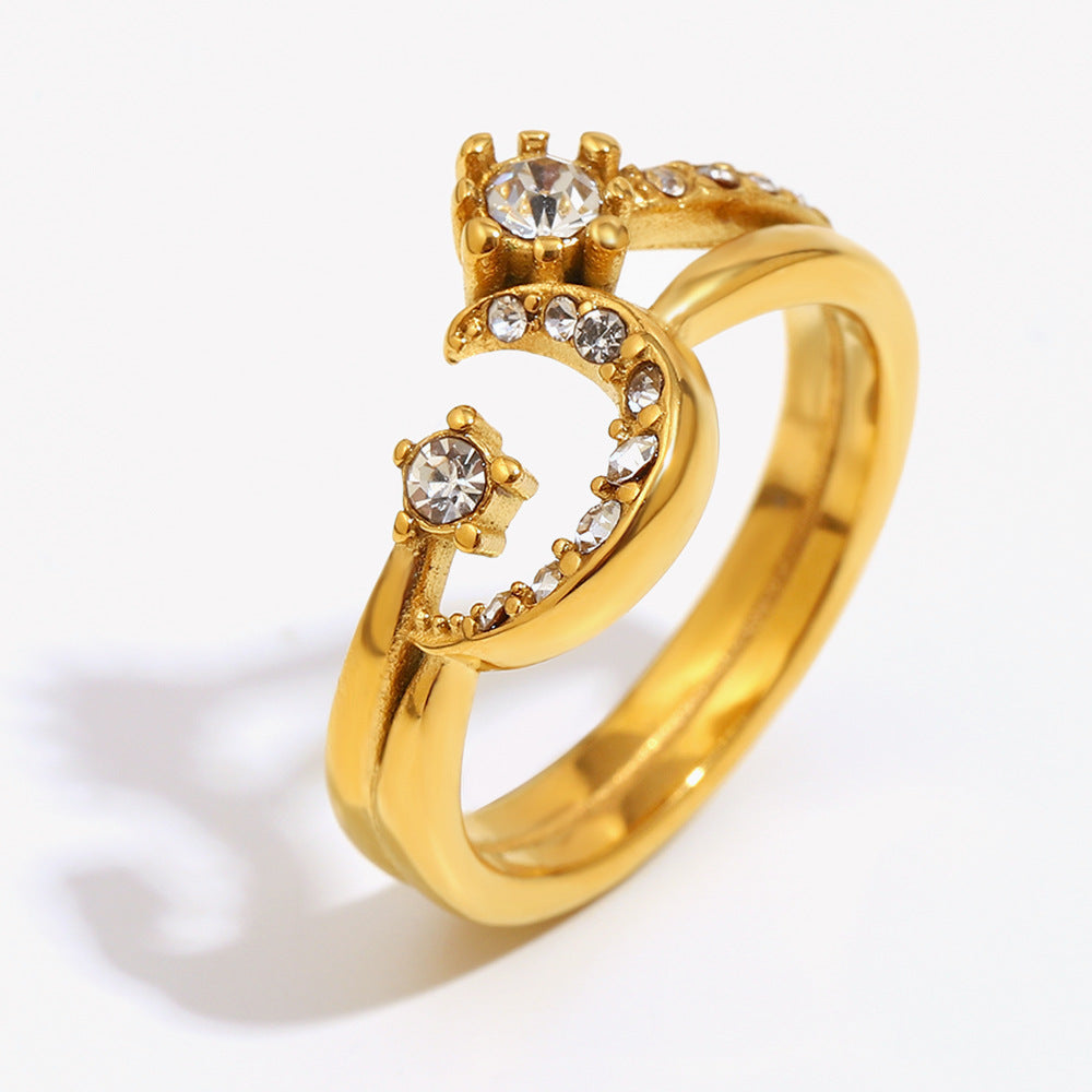 Anello geometrico minimalista in acciaio inossidabile placcato oro 18 carati con luna in strass da donna