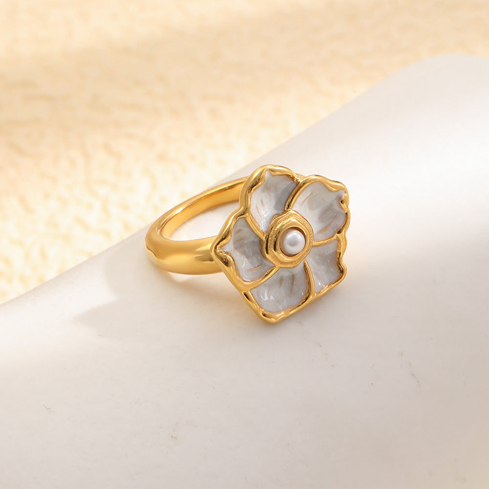 Anello in acciaio inossidabile placcato oro 18 carati con fiore a goccia, minimalista ed elegante, per donna