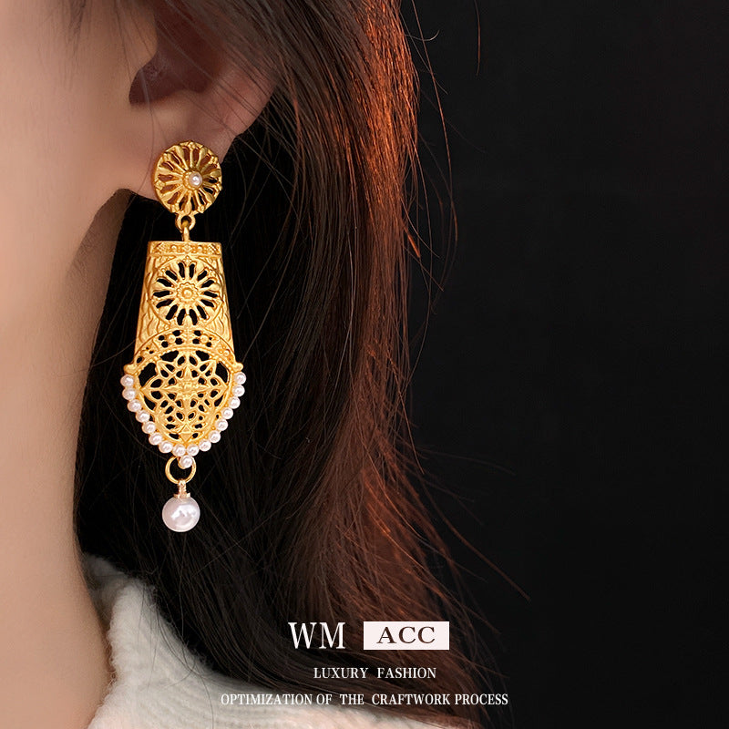 Vintage Floral Hoop Earrings with Pearl Accents in Alloy with Silver-Plated Steel Posts for Women