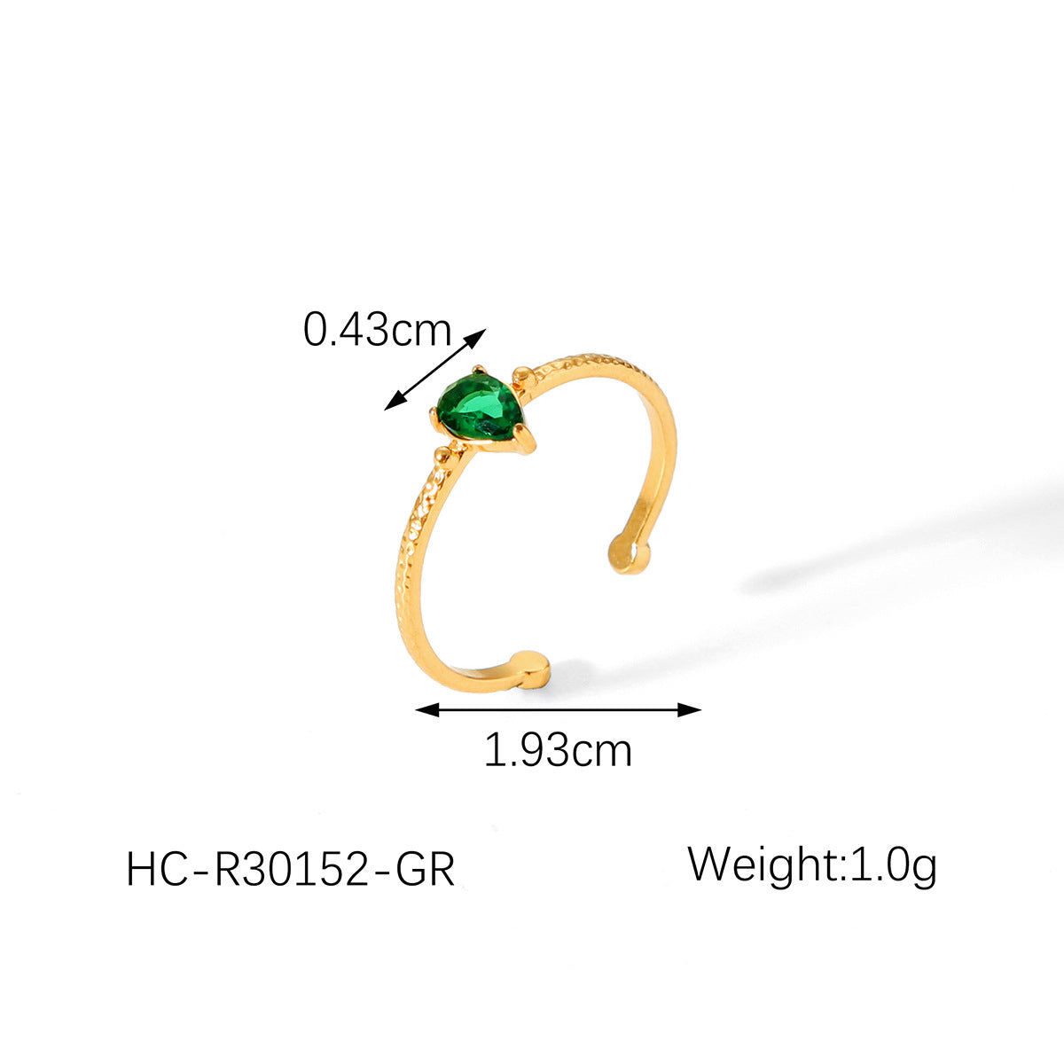 Vintage French Light Luxury 18K Gold Plated Stainless Steel Zircon Waterdrop Hammered Texture Open Ring for Women
