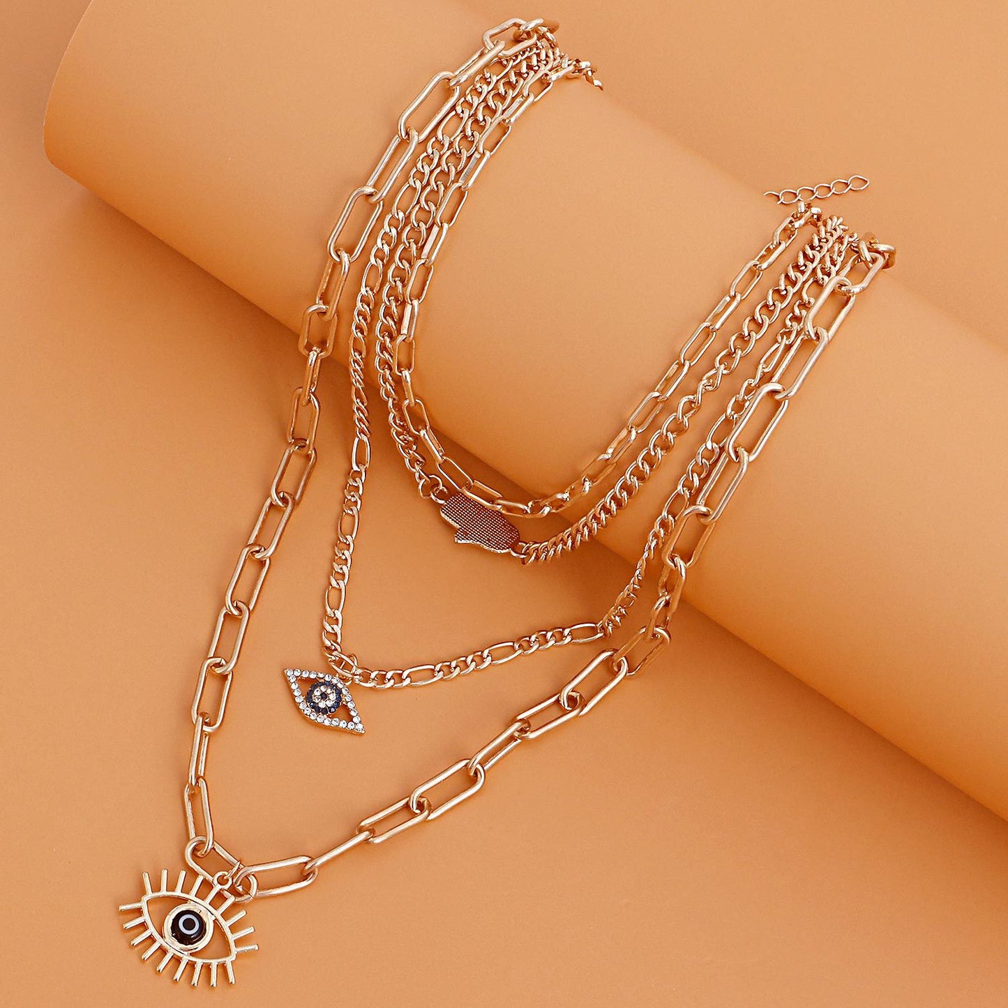Vintage Multi-Layer Bamboo-Joint-Shaped Evil Eye Pendant Necklace for Women with Rhinestone Inlay and Gold-Plated Alloy