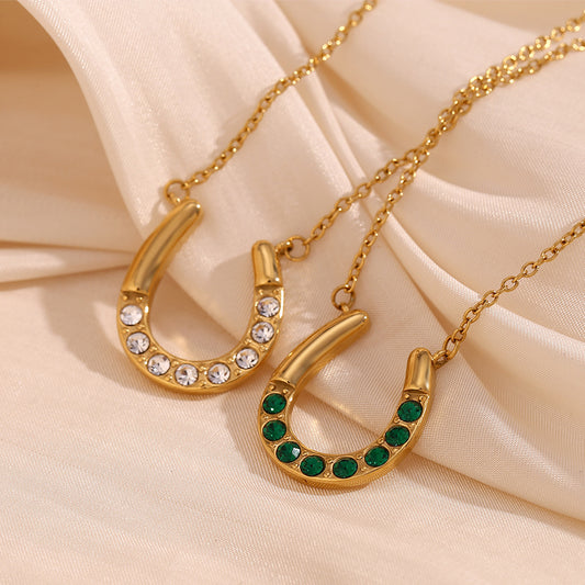 Minimalist U-Shaped Pendant Necklace for Women Stainless Steel with 18K Gold Plating and Rhinestone Inlay