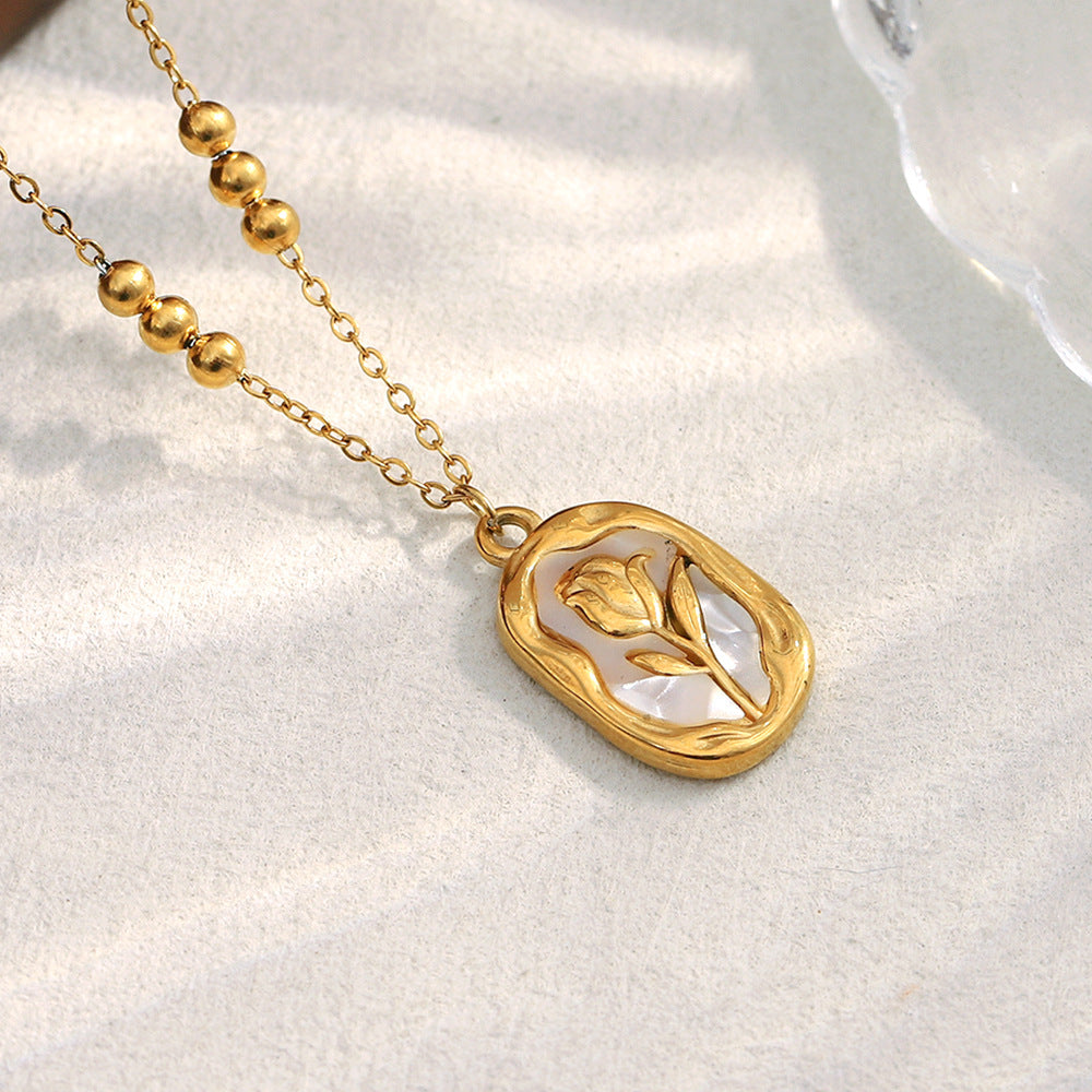 Collana con Ciondolo Sole Floreale alla Moda, Placcata Oro 18K, in Acciaio Inossidabile, con Catena di Perle Quadrate, da Donna