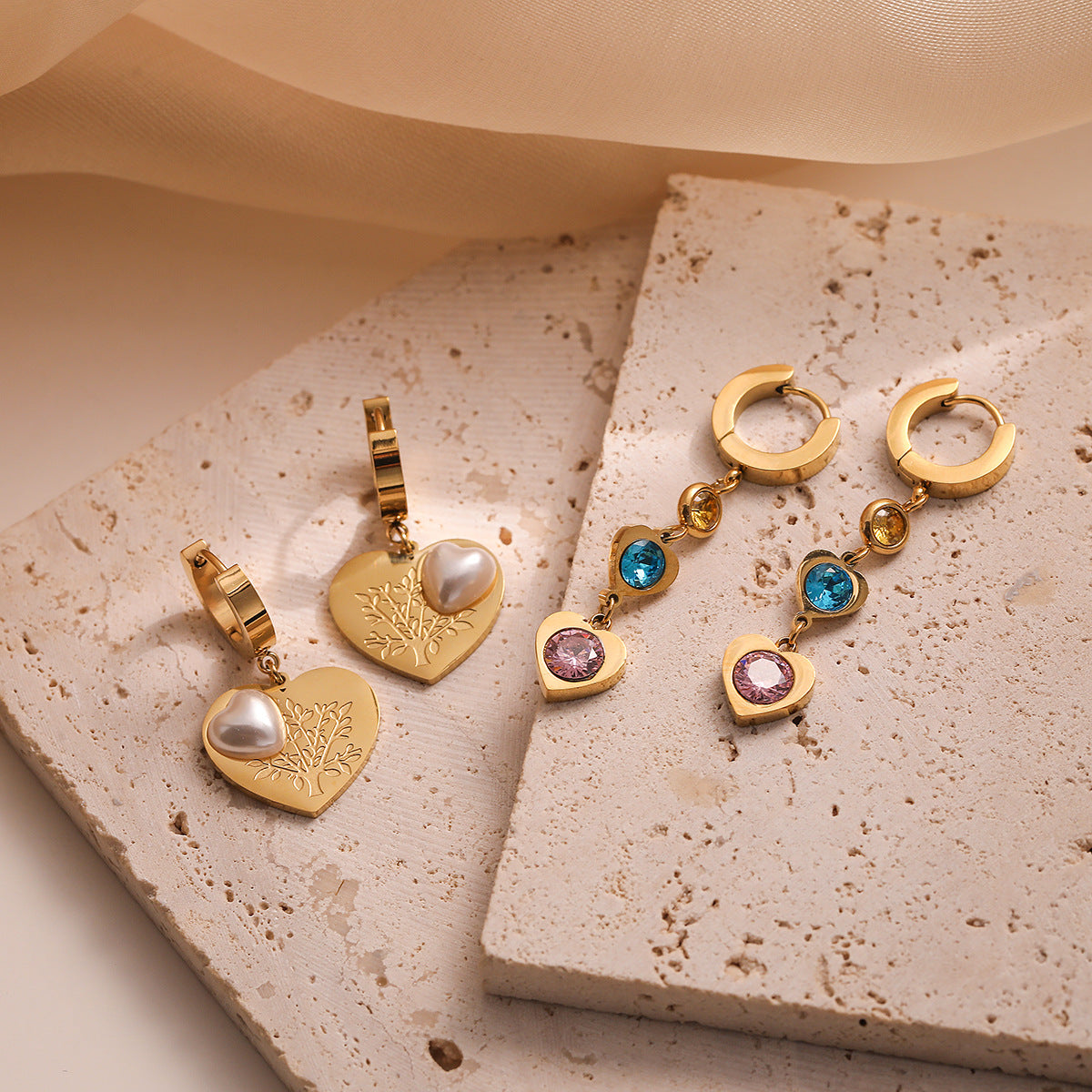 Minimalist Heart-Shaped Titanium Steel Earrings with Genuine Gold Plating and Zircon Inlay for Women
