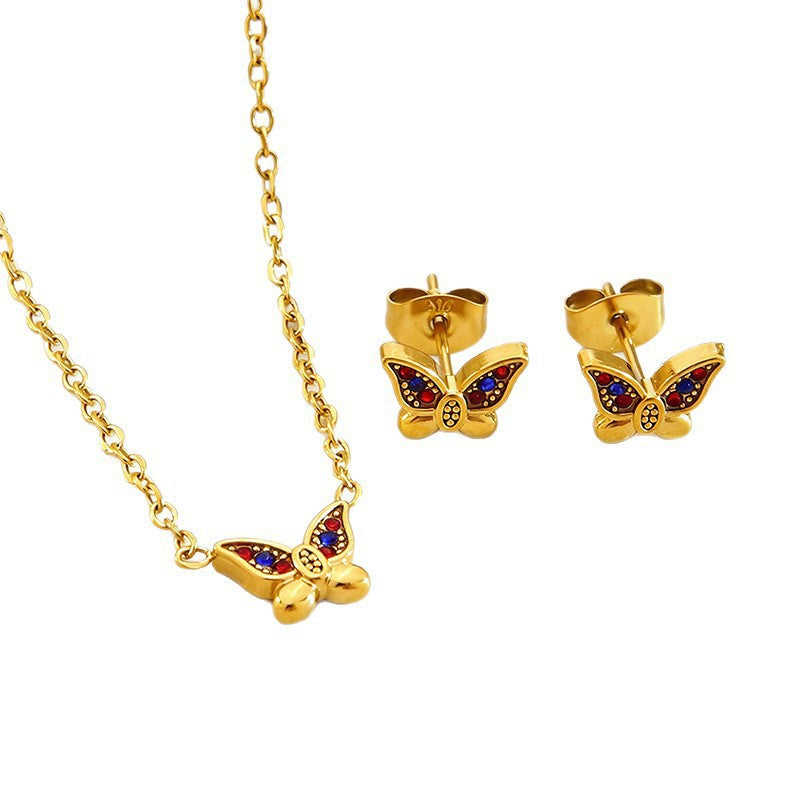 Parure Collana e Orecchini in Acciaio Inossidabile Placcato Oro 18K con Zirconi e Farfalla Elegante