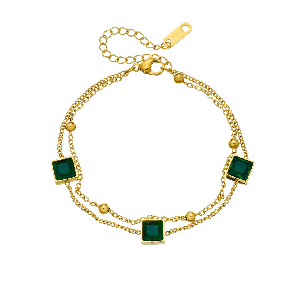 Gold Plated Stainless Steel Square Geometric Pendant Bracelet with Rhinestone and Green Glass Inlay for Women