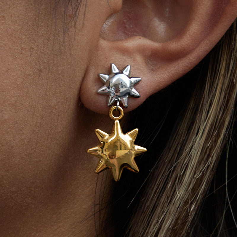 Aretes Colgantes de Sol Geométricos Minimalistas en Acero de Titanio con Galvanoplastia para Mujer