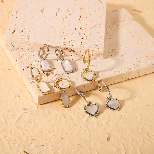 Minimalist Geometric Heart-Shaped Natural White Abalone Pendant Earrings in Stainless Steel with 18K Vacuum Plating
