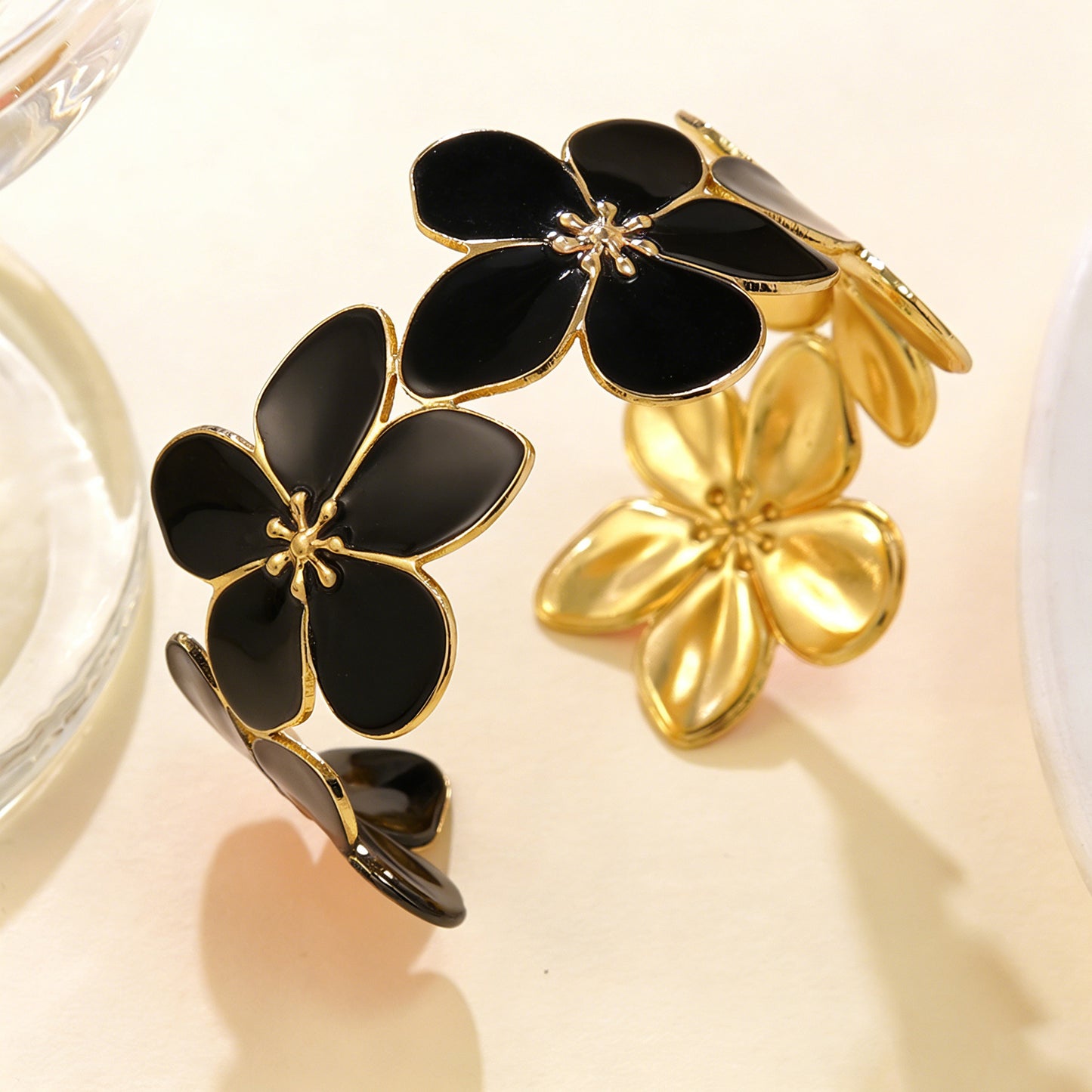Geometric Floral Drip Oil Stainless Steel Open Cuff Bracelet for Women