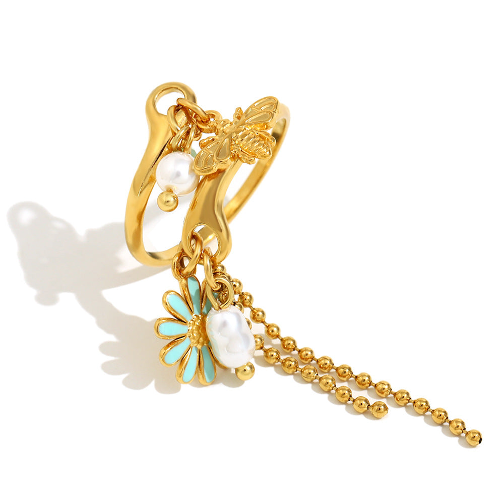 Vintage French-Style Floral Stainless Steel Ring with 18K Gold Plating and Tassel Detail for Women
