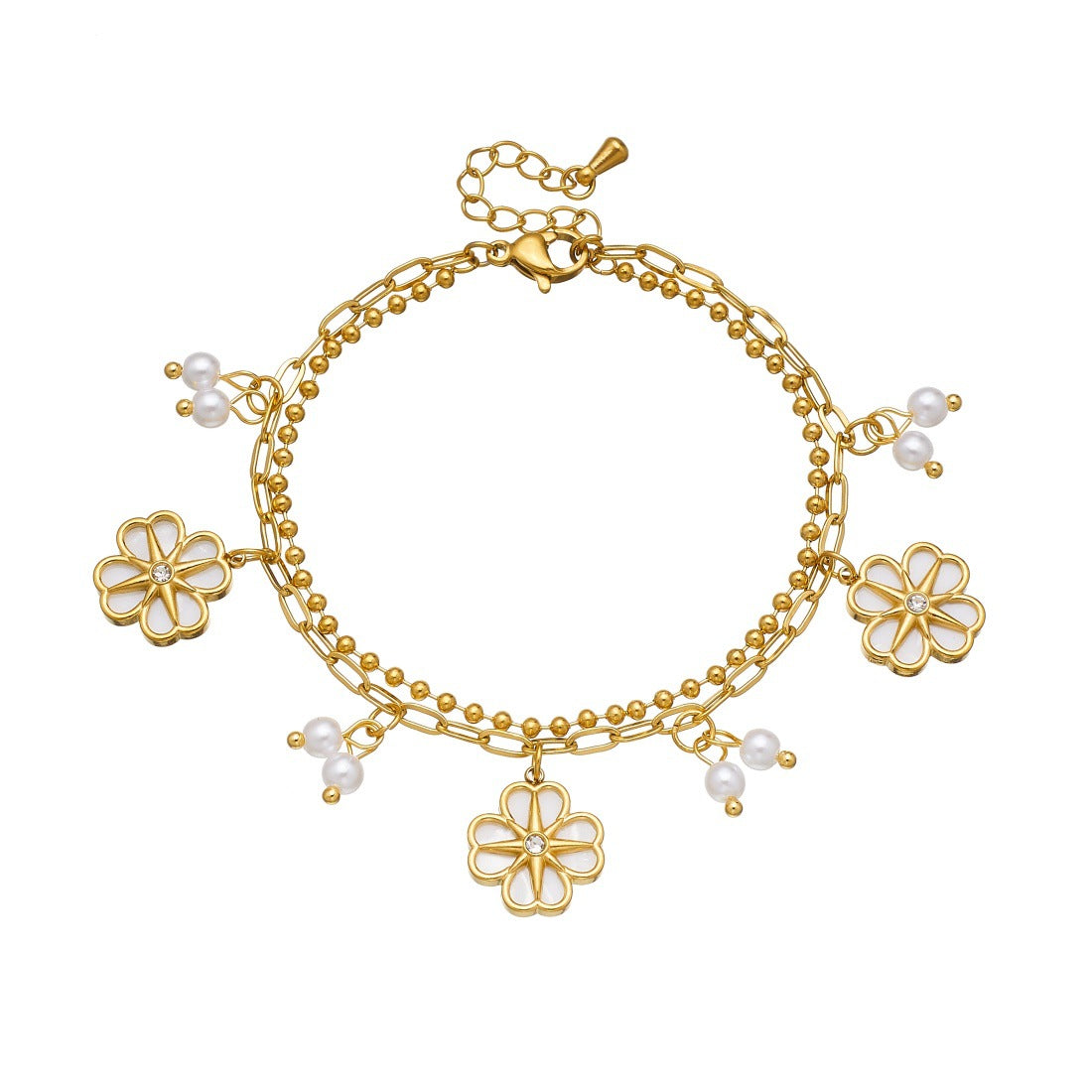 Vintage Elegant Gold Plated Stainless Steel Floral Pearl Double Layer Chain Bracelet