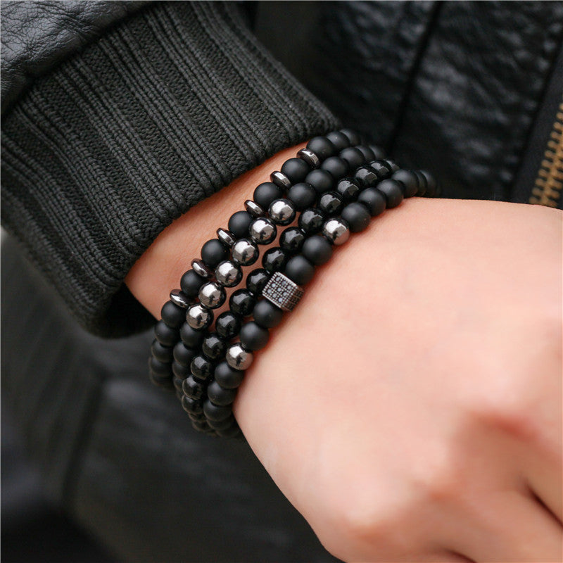 Unique Geometric Handmade Brass and Lava Rock Stretch Bracelet Set