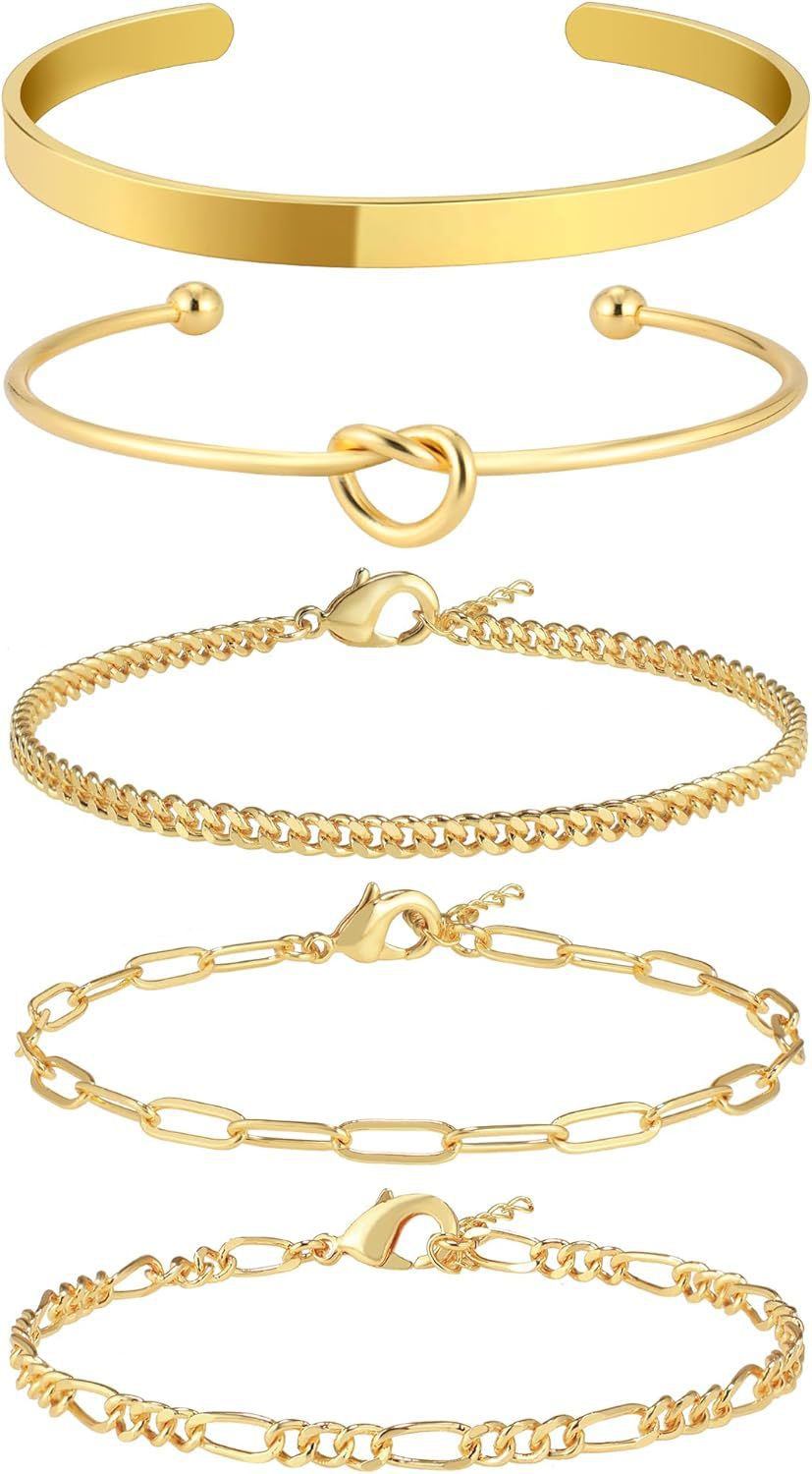Bohemian Minimalist Geometric Plated Alloy Cuban Link Chain Pearl Bracelet Set for Women