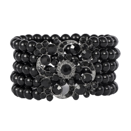 Vintage Multi-Layer Pearl and Rhinestone Bracelet with Floral Design for Women, Handcrafted Alloy Base