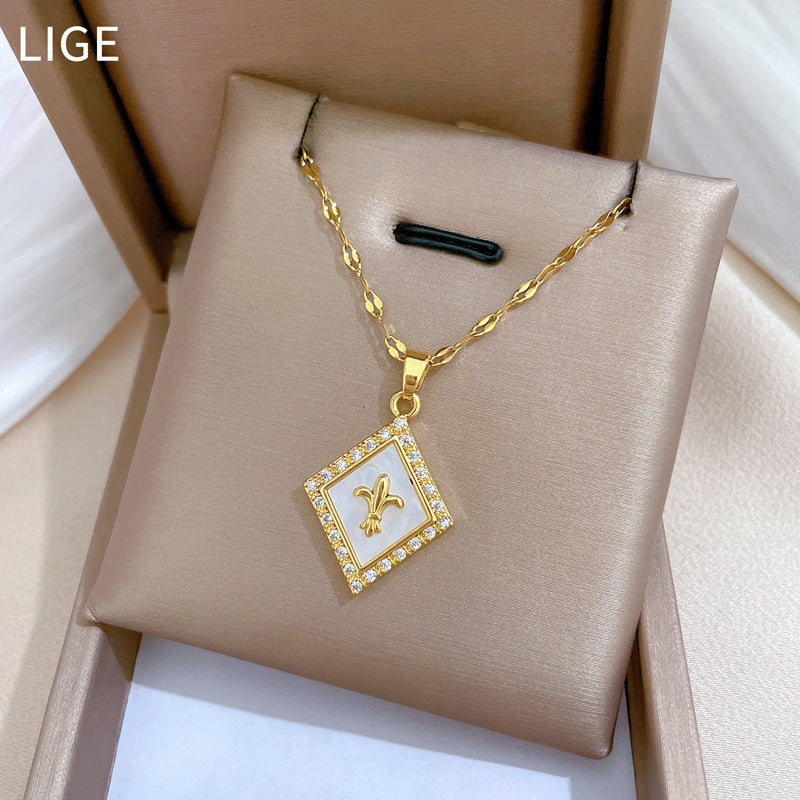 Minimalist Geometric Rhinestone-Embellished Titanium Steel Necklace for Women with Delicate Shell and Diamond-Like Zircon Accents