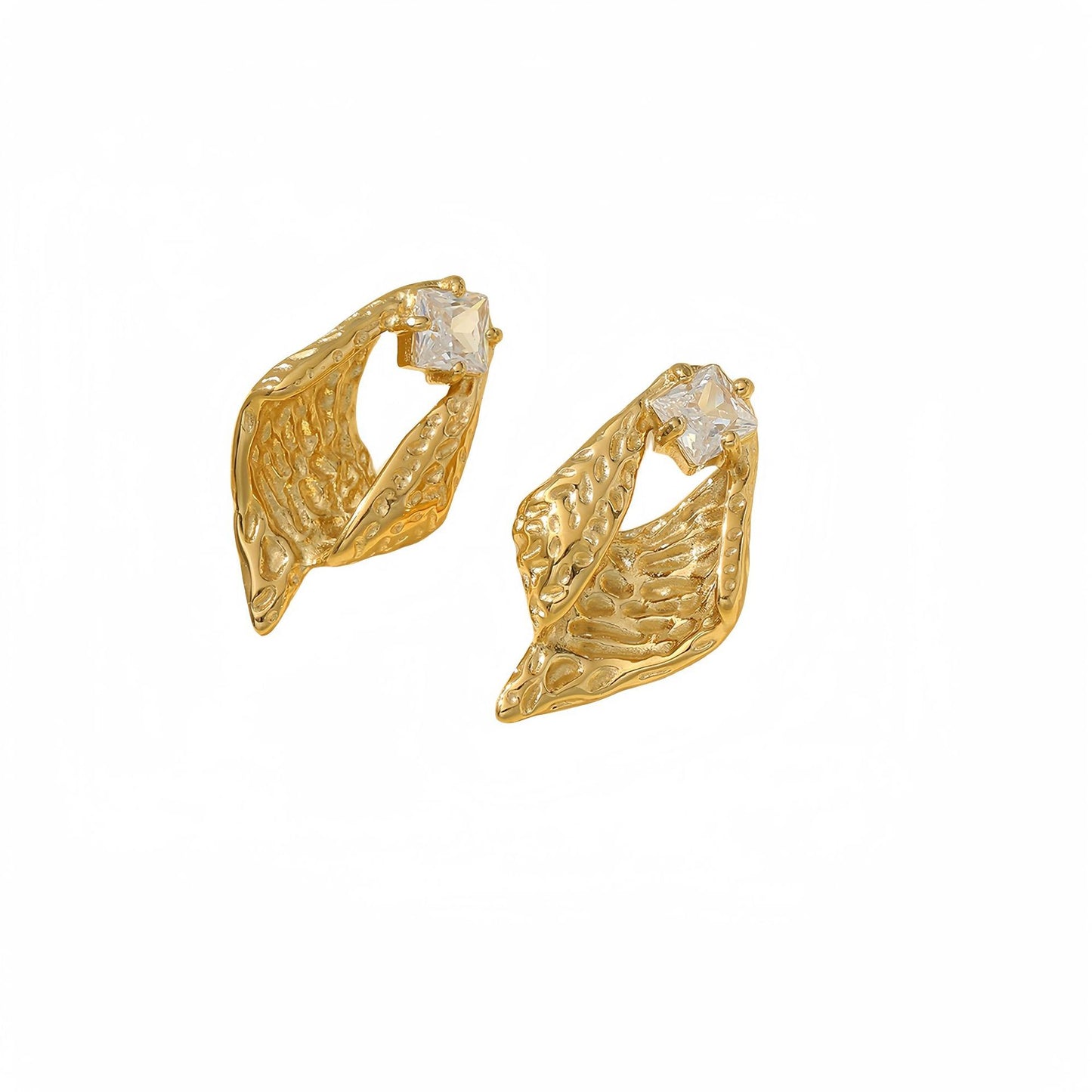 Pendientes vintage de acero titanio con forma de concha geométrica y circonitas incrustadas para mujer