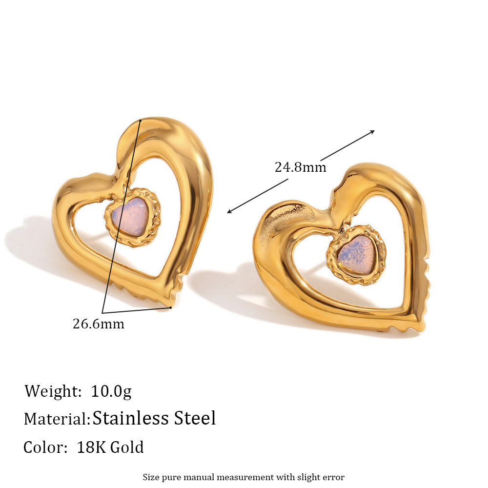 Sweet Hollow-Out Double-Layer Heart-Shaped Stainless Steel Earrings with 18K Gold Plating and Natural Stone Accents