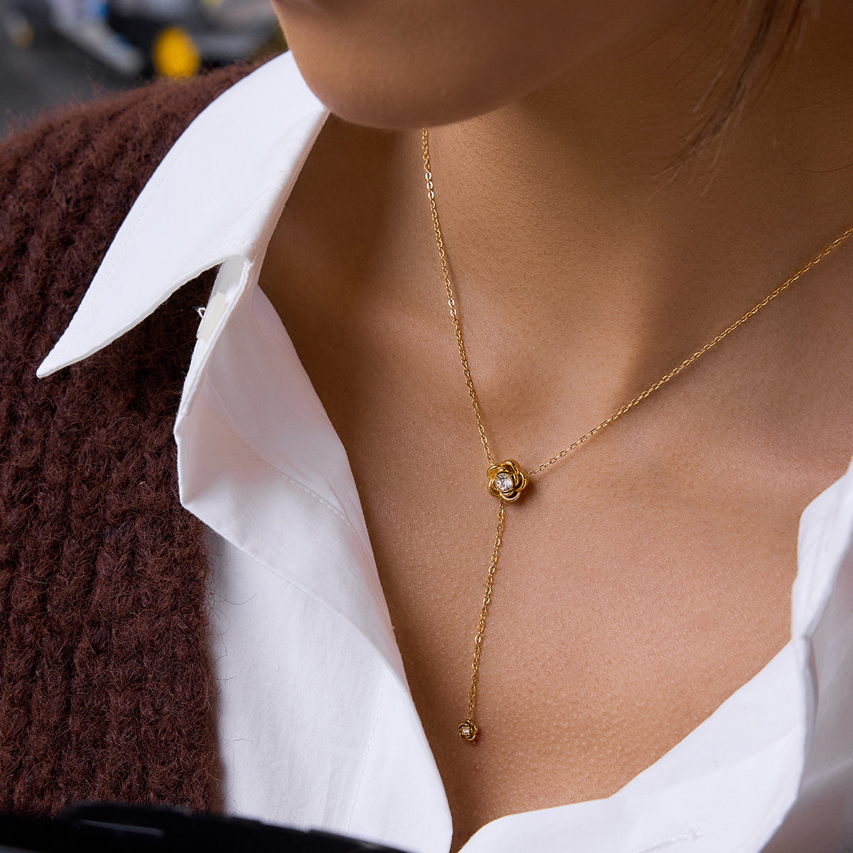 18K Gold Plated Stainless Steel Geometric Rose Y-Chain Necklace for Women