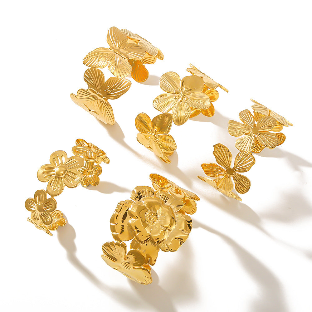 Fashionable 18K Gold Plated Stainless Steel Leaf Butterfly Floral Open Cuff Bracelet for Women