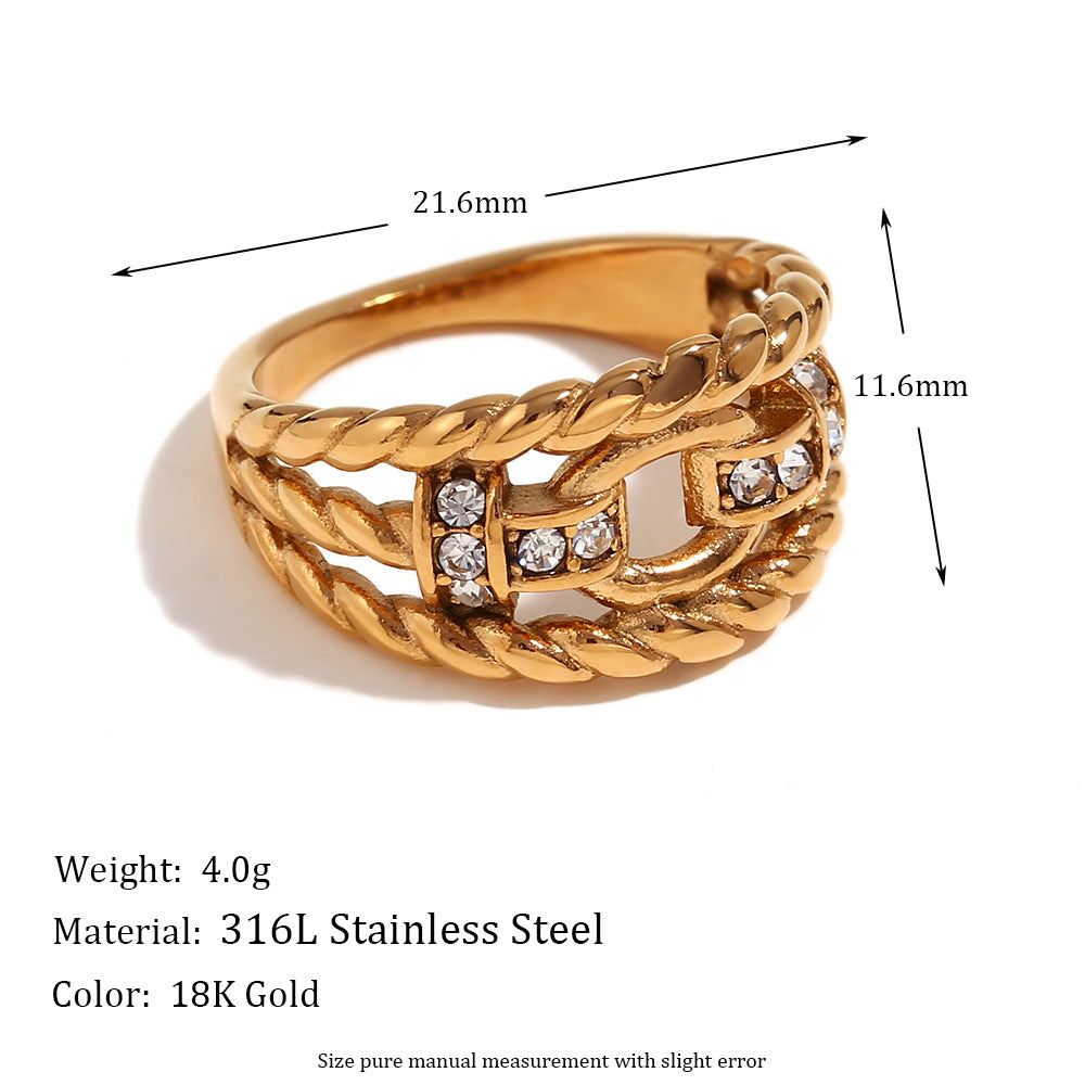 Creative Geometric Stainless Steel Ring with 18K Gold Plating, Rhinestone Inlay, Twisted Hollow Design for Women