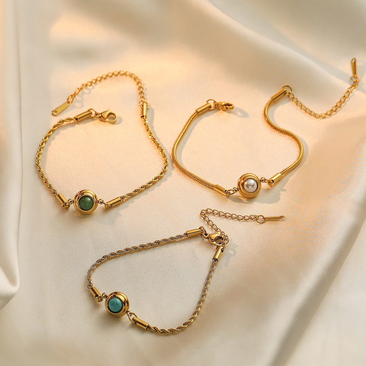 Minimalist Geometric Titanium Steel Bracelet for Women with Real Gold Plating and Turquoise Inlay