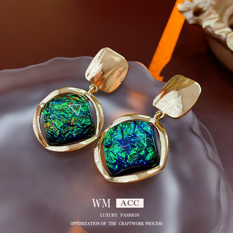 Vintage Geometric Resin Earrings with Stainless Steel Posts in Green Color, Electroplated Alloy, Minimalist Fashion Jewelry for Women