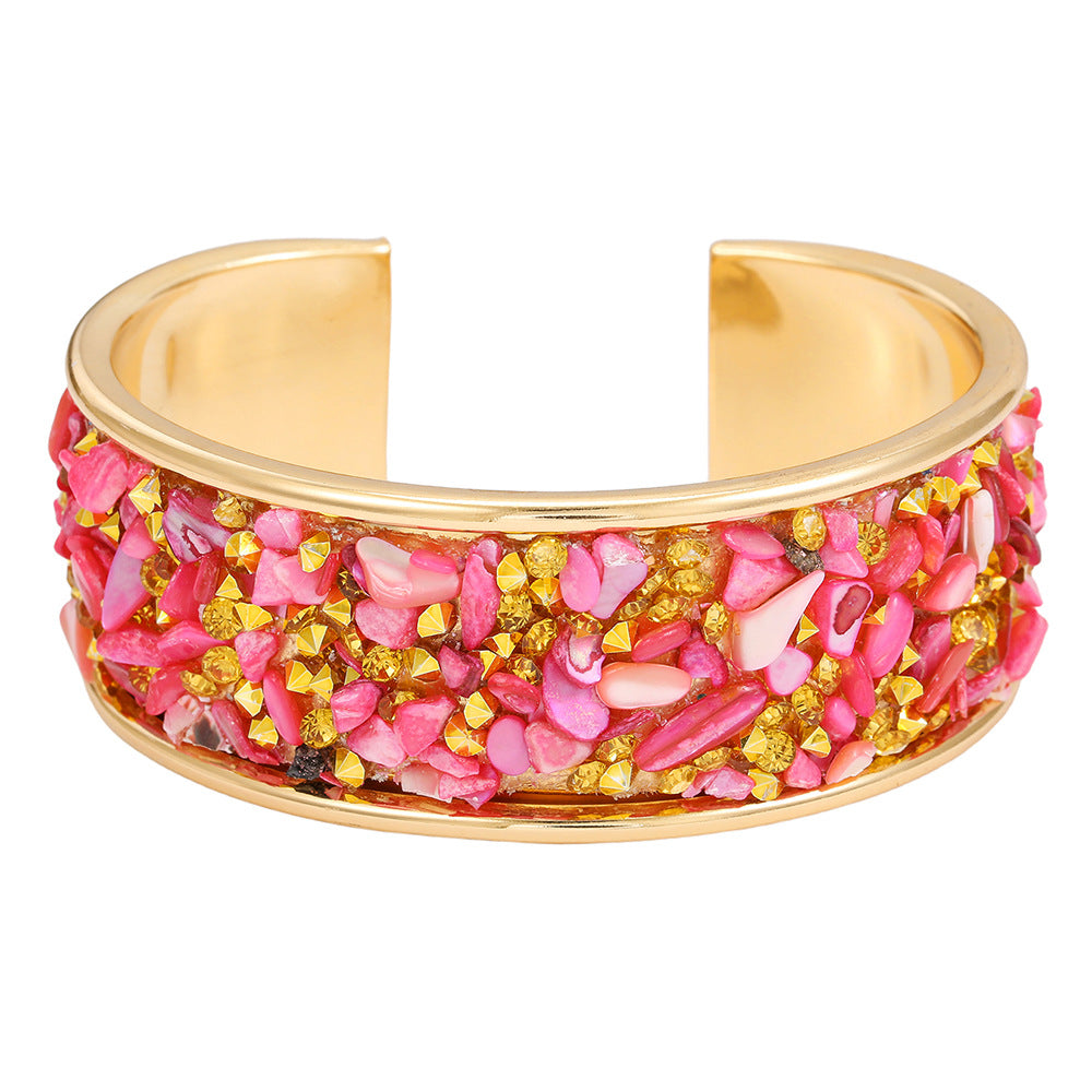Exaggerated Geometric Round Rhinestone Inlay Plated Alloy Open Cuff Bracelet