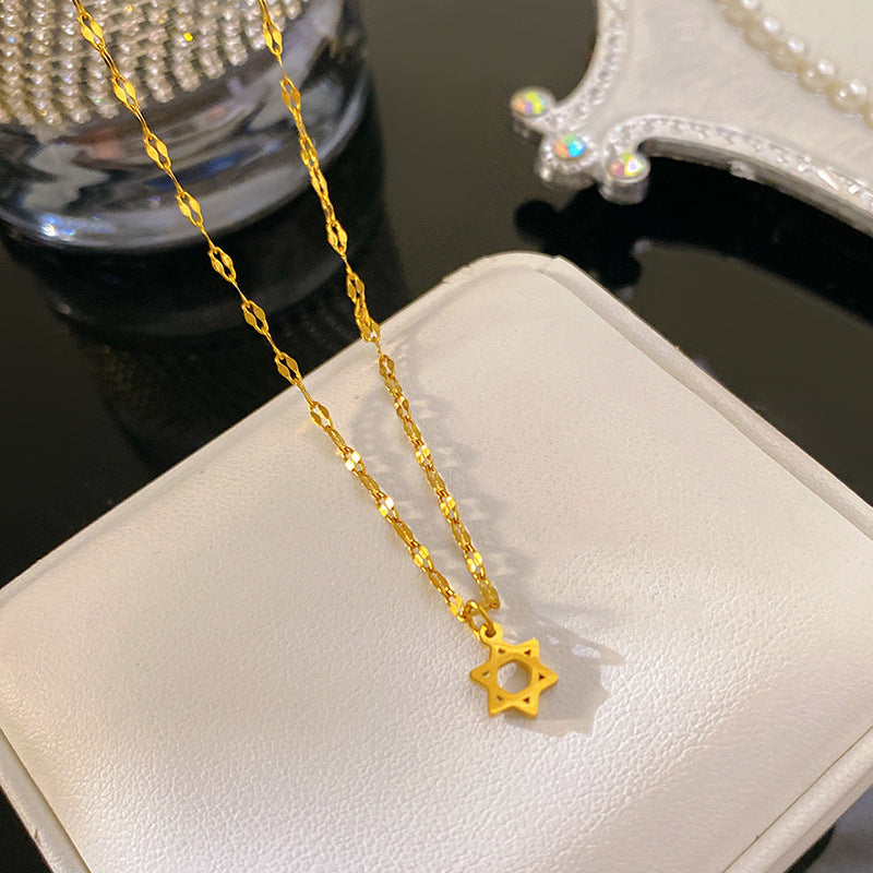 Layered Floral Geometric Hollow Snowflake Clover Pendant Plated Titanium Steel Necklace for Unisex
