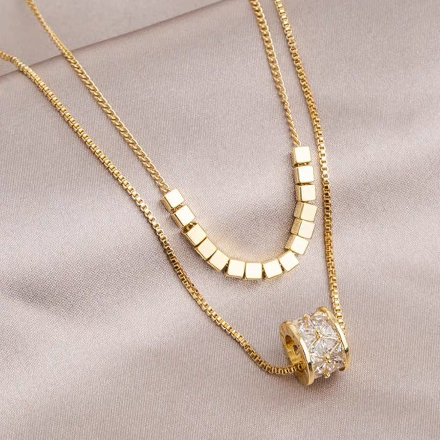 Collar Minimalista de Doble Capa con Zirconia, Colgante Geométrico, de Acero Inoxidable Chapado, Cadena O, Unisex