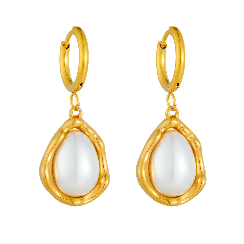 Vintage Elegant Gold Plated Stainless Steel Large Pearl Teardrop Earrings
