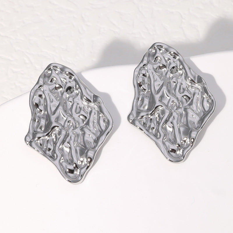 Fashionable French-Style Stainless Steel Stud Earrings with Irregular Pleated Design for Women