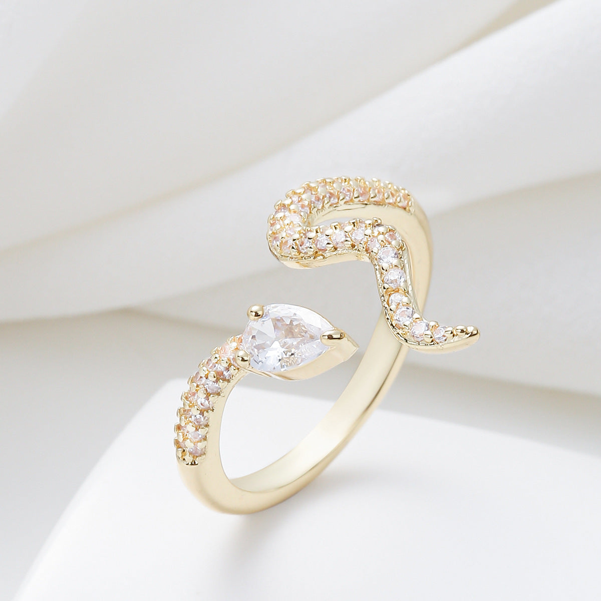 Minimalist Snake-Shaped Copper Ring with Zircon Inlay for Women Adjustable Open Band