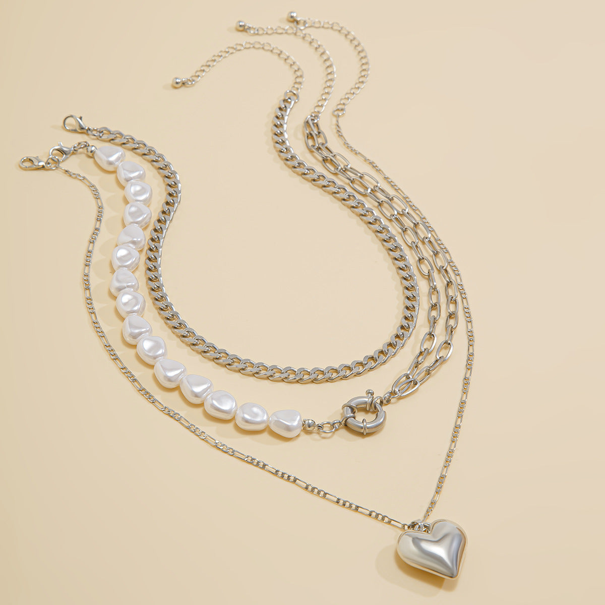 Sweet and Edgy Asymmetrical Heart Pendant Necklace in Alloy with Electroplated Finish on Multi-Layer Cross Chain for Women