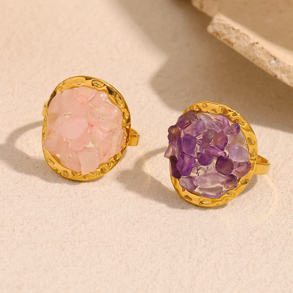 Fashionable Geometric Stainless Steel Ring with 18K Gold Plating and Purple Rhinestone Accents for Women