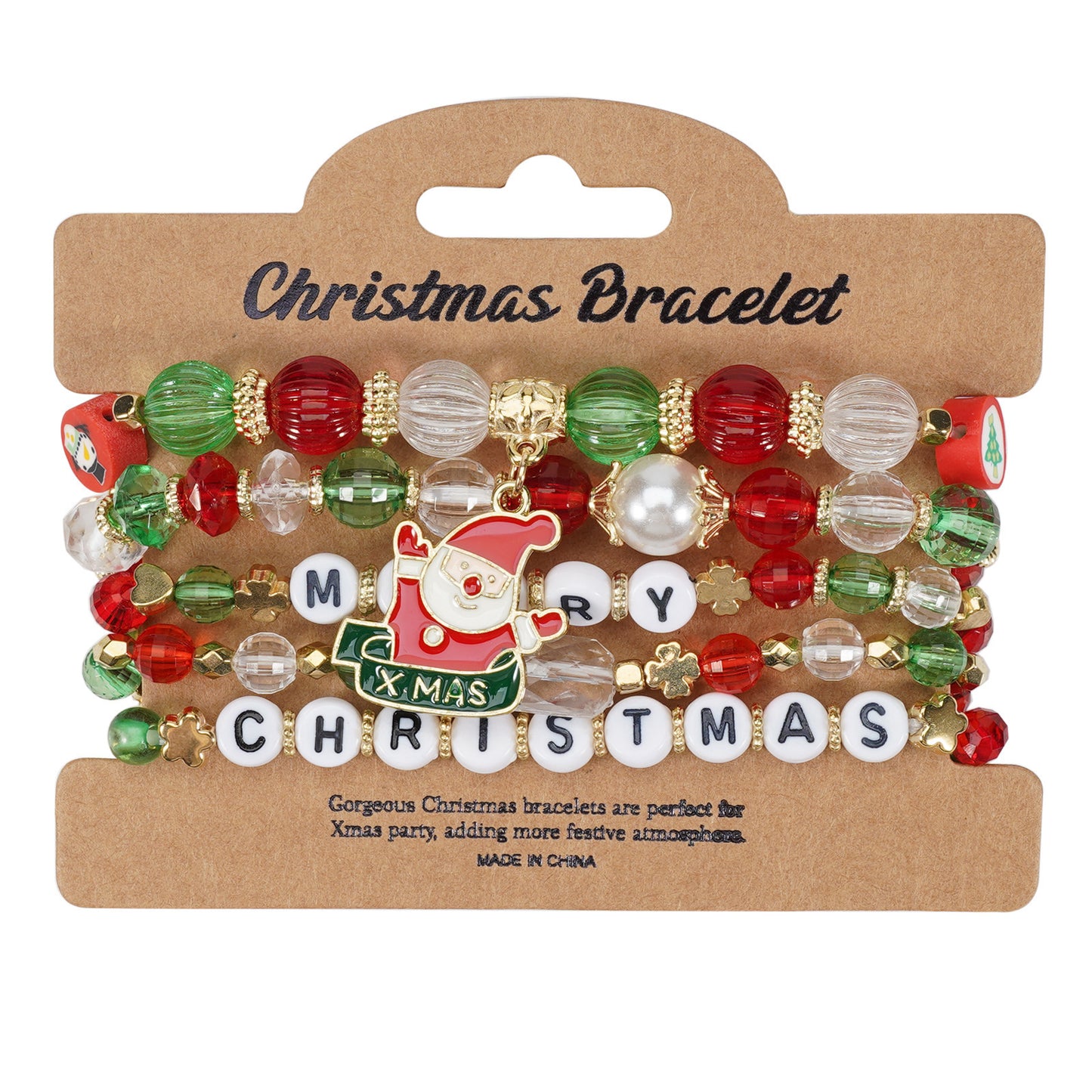Unisex Natural Stone Beaded Bracelet with Snowman Christmas Tree Santa Reindeer Charms Floral Pattern Holiday Gift