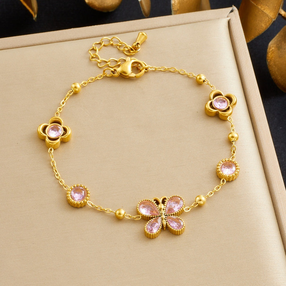 Gold Plated Stainless Steel Round Butterfly Flower Rhinestone Pendant Bracelet for Women