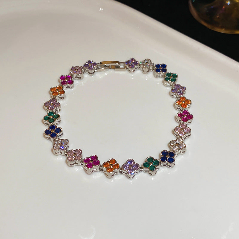 Luxury Sweet Floral Brass Inlaid Cubic Zirconia Bracelet for Women
