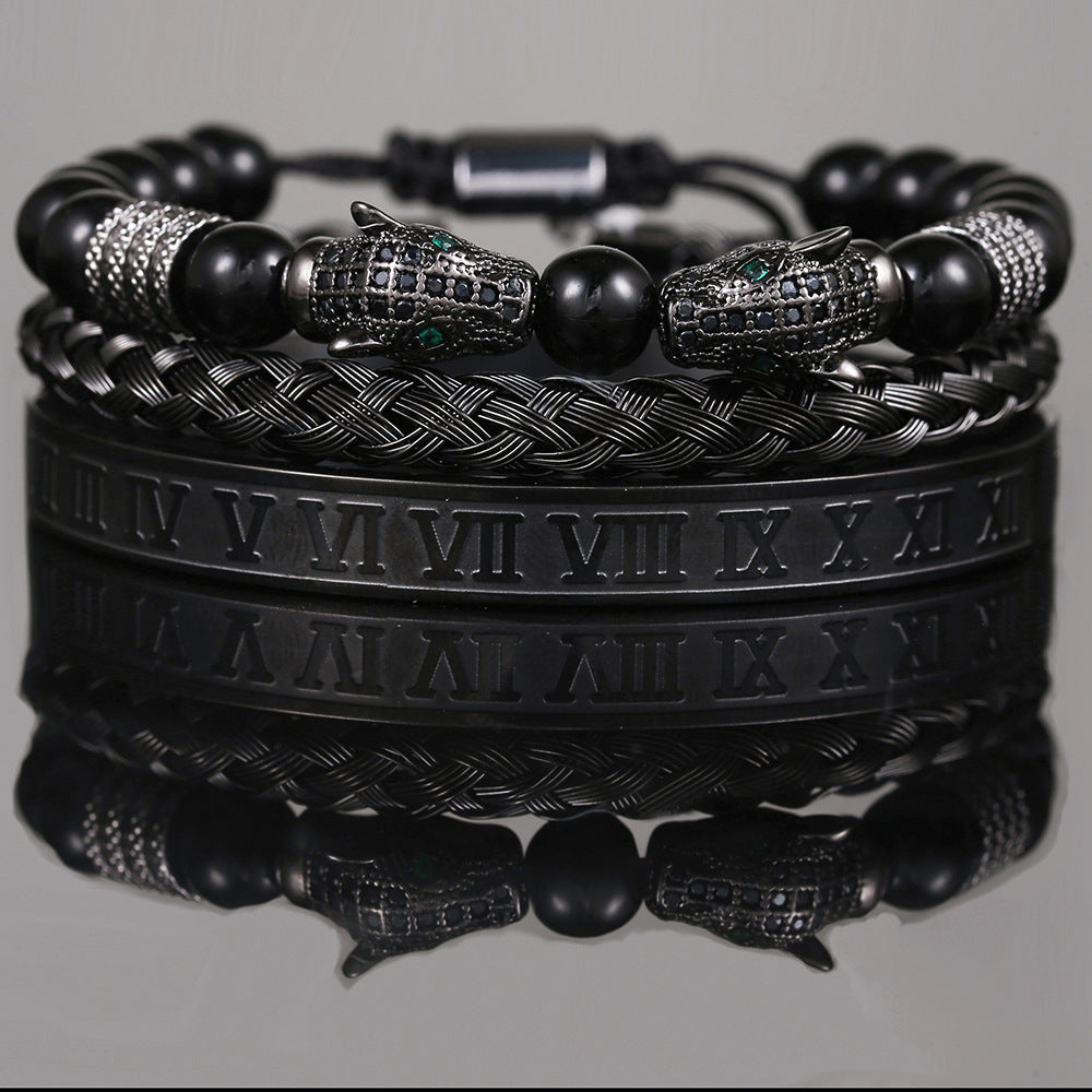 Personalized Double Leopard Head Black Agate Micro-set Cubic Zirconia Brass Stainless Steel Bracelet Set