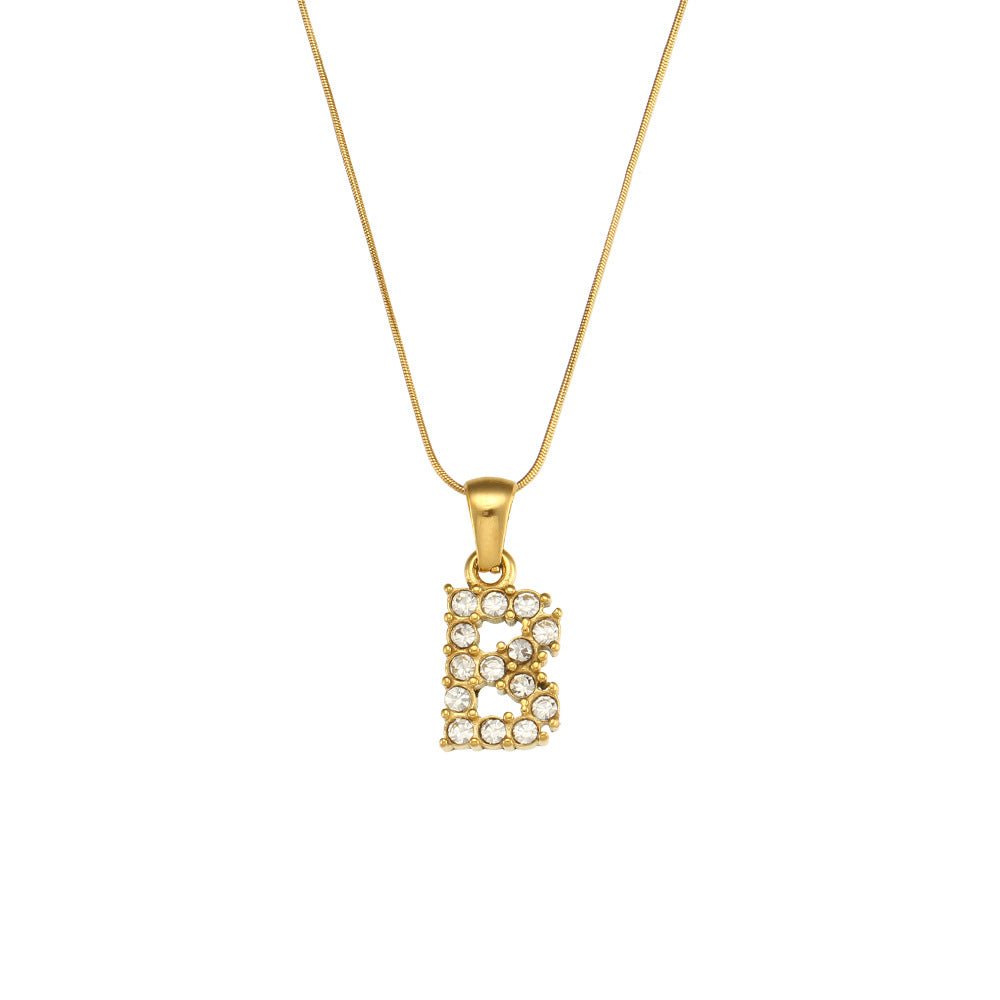 Fashion Minimalist Letter Pendant Necklace in Stainless Steel with 18K Gold Plating and Cubic Zirconia on Thin Snake Chain for Women