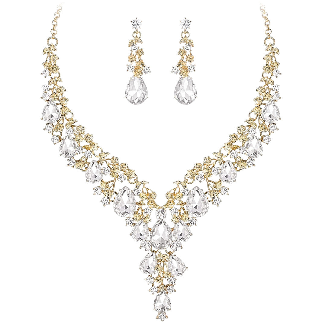 Fashion OL Waterdrop Pendant Necklace and Earrings Set for Women with Rhinestone Inlay on O-Chain for Wedding Evening Gown Formal Occasions