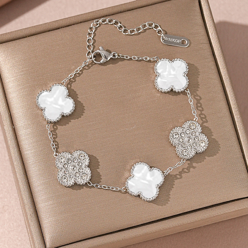 Bracciale Donna Lusso Stile Quadrifoglio in Acciaio al Titanio con Strass e Intarsio in Concha