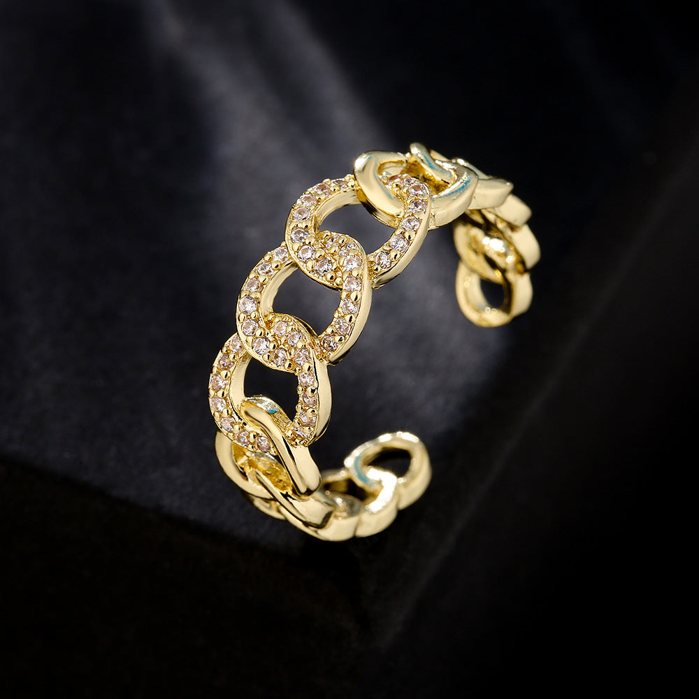 Anello Aperto Geometrico Stile INS da Donna Realizzato in Rame con Placcatura in Oro 18K e Zirconi Micro-Incastonati